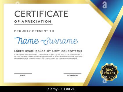 Elegant blue and gold  certificate template, appreciation for business and education Stock Vector