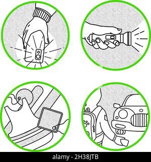 safety for pedestrians at night, traffic rules for pedestrians on unlit roadsides, use of reflective elements and flashlights, vector infographics Stock Vector