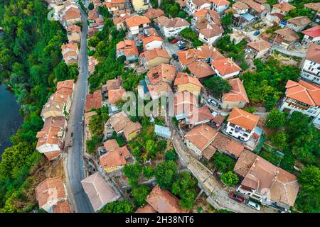Aerial drone view over historic Old Town of Veliko Tarnovo in Bulgaria. Stock Photo