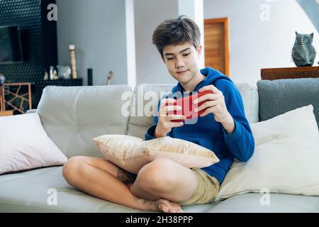 The boy playing online game on smartphone at home Stock Photo