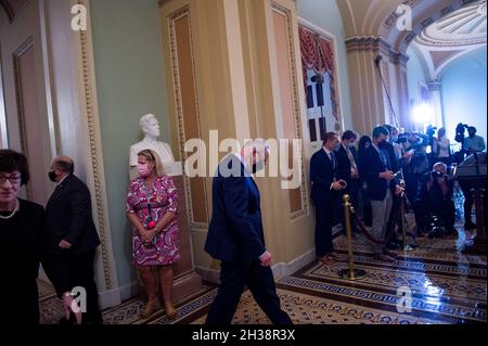 United States Senate Majority Leader Chuck Schumer (Democrat of New York) arrives for the Senate Democrat's policy luncheon press conference at the US Capitol in Washington, DC, Tuesday, October 26, 2021. Credit: Rod Lamkey/CNP /MediaPunch Stock Photo