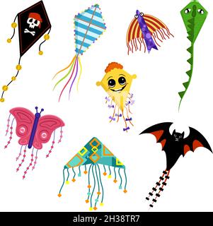 Set of bright and cheerful kites in form of pirate flag, dragon, butterfly, bat, fish and happy face. Summer flying kite festival. Children toy for open air and in wind Stock Vector