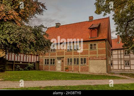 Jens Jacobsens Hus is an old half-timbered house from 1640 with red bricks in Ystad, Sweden, September 14, 2021 Stock Photo