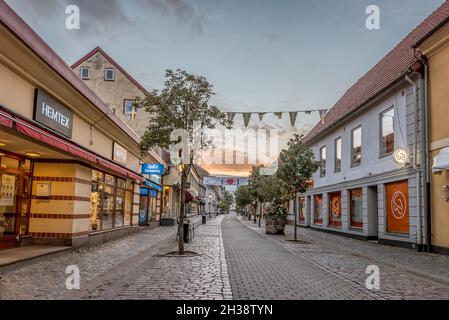 pedestrian shopping street in Ystad with singposts, September 15, 2021 Stock Photo
