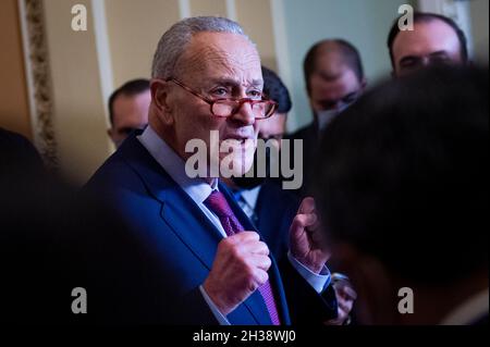 United States Senate Majority Leader Chuck Schumer (Democrat of New York) offers remarks during the Senate Democratâs policy luncheon press conference at the US Capitol in Washington, DC, Tuesday, October 26, 2021. Credit: Rod Lamkey/CNP Stock Photo