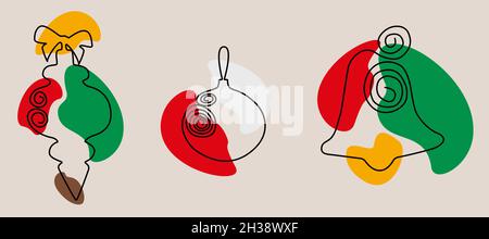 New Year and Christmas vector set of three illustrations in Line Art style with color spots with New Year toys. Vector illustration. Stock Vector