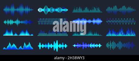 Blue colorful sound waves collection. Analog and digital audio signal. Music equalizer. Interference voice recording. High frequency radio wave Stock Vector