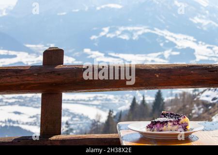 blueberry cake outdoors in the alps Stock Photo