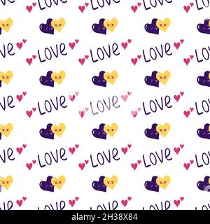 Seamless pattern with hearts with face and the word love. Festive decoration, print for valentine day, wedding, gift wrapping paper, textiles and holiday design. Stock Vector