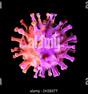 Virus, detail seen under the microscope, mutations and variants of the coronavirus, sars-cov-2. Magnification. White background space. Covid-19 Stock Photo