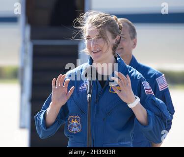 NASA Astronaut Kayla Barron addresses the media following arrival at ...