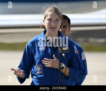 NASA Astronaut Kayla Barron addresses the media following arrival at ...