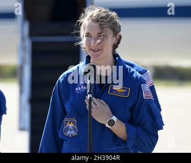 NASA Astronaut Kayla Barron addresses the media following arrival at ...