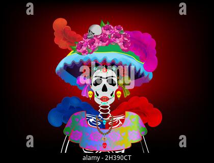 Day of the dead, Dia de los muertos, sugar skull, Mexican fiesta party, woman catrina calavera skull in marigold flowers wreath, vector isoalted on da Stock Vector