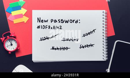 The concept of a new password to replace the old simple one written in a notepad. Stock Photo
