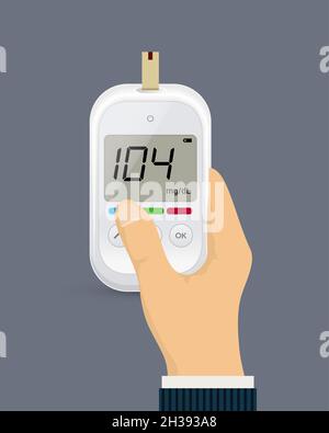 Glucose sugar test in hand icon. Glucometer vector blood monitor. Diabetes sugar meter insulin control device Stock Vector