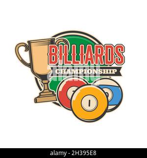 Billiards championship vector icon with billiards, pool or snooker sport balls, gold trophy or winner cup. Billiard player equipment and golden award Stock Vector