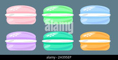 Macaroons meringue, biscuit, colorful pastel colors, sweets, candy set of different. Macaroon cookies isolated on gray background. Tasty template for cooking cafe and restaurant menu. Vector Stock Vector