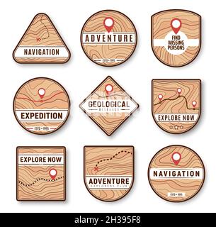 Topographic, navigation and expedition icons. New area, remote location exploring, travel adventure and geological research vector badge, icon with to Stock Vector