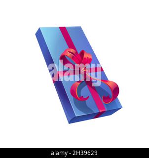 Holiday gift box, vector present wrapped with blue wrapping paper and sumptuous red bow. Isolated cartoon rectangular giftbox for Christmas, Valentine Stock Vector