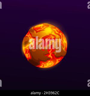 Cartoon space planet with lava and fire oceans. Proto-Earth, far galaxy solar system planet or game UI icon asteroid, alien world with volcanic activi Stock Vector