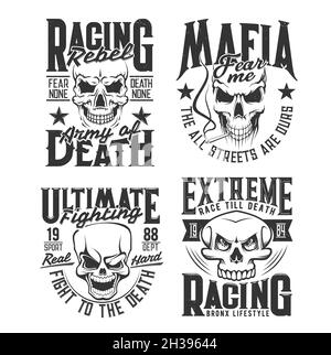 Danger skull t-shirt prints. Bikers club, mixed martial arts fighters team and gangster gang grunge vector emblems, clothing custom design prints temp Stock Vector