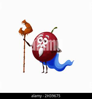 Plum or maracuya wizard with magic crook in cape isolated exotic fruit cartoon character. Vector funny berry with beard mustaches on face, smiling fai Stock Vector