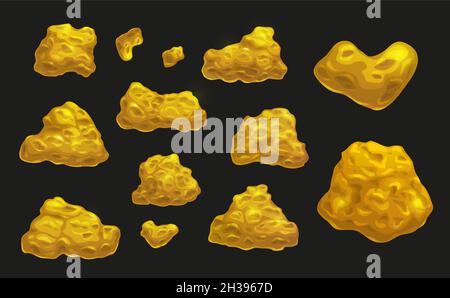 Cartoon golden nuggets, mining industry or game asset, vector icons. Mine gold stones or ore piles and goldmine rocks, gold rush treasures and golden Stock Vector