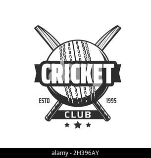 Cricket sport club vector icon with cricket ball and crossed bats. Batsman player equipment isolated symbol of cricket game team emblem, championship Stock Vector