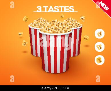 Popcorn bucket isolated. Full and empty pop corn box for cinema. Delicious salty snack Stock Vector