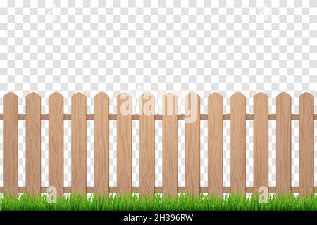 Fence with grass. Wooden picket background isolated farm garden barier illustration Stock Vector