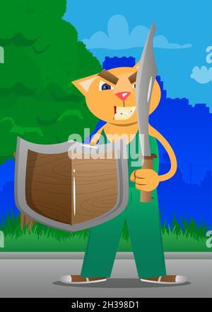 Funny cartoon cat holding a sword and shield. Vector illustration. Cute orange, yellow haired young kitten. Stock Vector