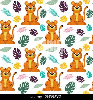 Pattern with tigers and palm leaves. Little Chinese tiger cubs.  Stock Vector