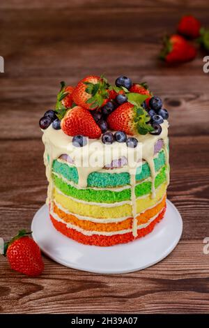 Festive multi layered cake with fresh strawberry. Stock Photo