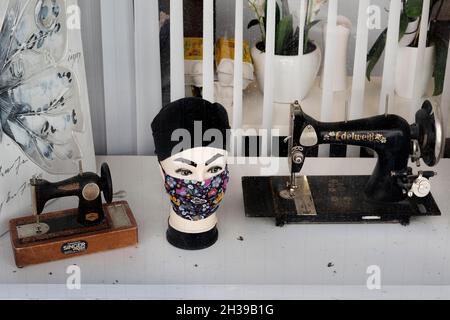 Shop window of a sewing centre with old sewing machines and dead flies in Kempten, Allgaeu, Bavaria, Germany Stock Photo