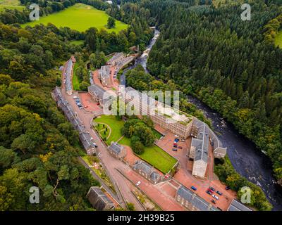 Aerial of the Unesco world heritage site the industrial town New Lanark, Scotland, UK