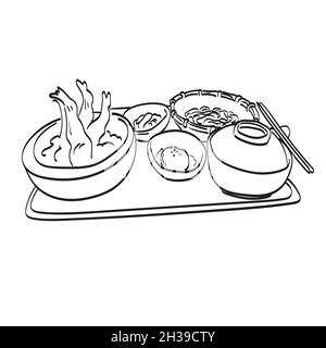 Japanese set meal with tempura illustration vector isolated on white background line art. Stock Vector