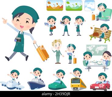 A set of Supermarket staff woman on travel.It's vector art so easy to edit. Stock Vector