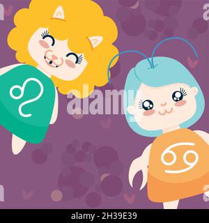 leo and cancer kawaii characters illustration Stock Vector