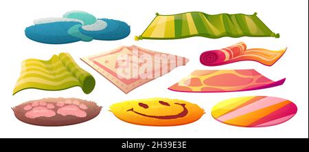 Carpets set, rectangle and round floor rugs isolated on white background. Vector cartoon collection of cloth mats for home interior, picnic and pets, cotton woven and fluffy carpets Stock Vector