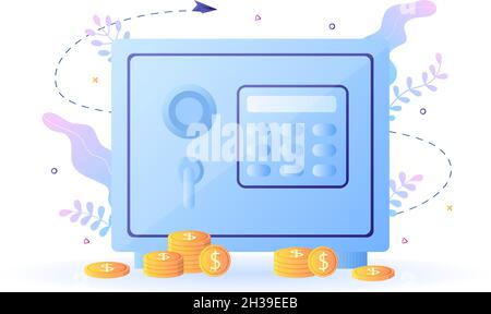 Bank Locker Vector Illustration. Storage Safe Box for Cash Safety, Protection, Gold, Currency and Important Documents using an Electronic Key to Open Stock Vector