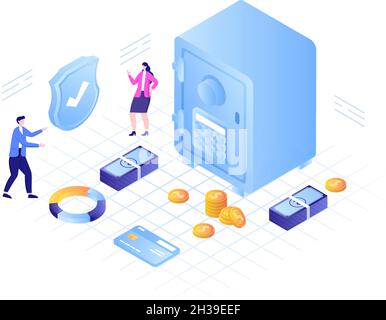 Bank Locker Vector Illustration. Storage Safe Box for Cash Safety, Protection, Gold, Currency and Important Documents using an Electronic Key to Open Stock Vector
