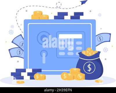 Bank Locker Vector Illustration. Storage Safe Box for Cash Safety, Protection, Gold, Currency and Important Documents using an Electronic Key to Open Stock Vector