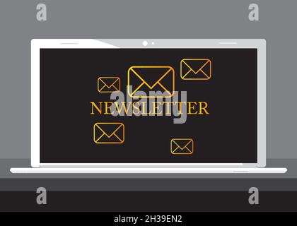 Laptop with the word Newsletter text and symbol on the screen. Business marketing campaign. Internet Mailing. Vector cartoon illustration. Stock Vector