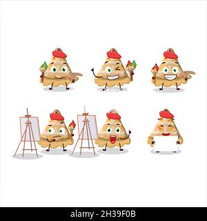 Artistic Artist of slice of peach pie cartoon character painting with a brush. Vector illustration Stock Vector