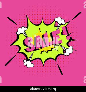 Sale Comic lettering Vector cartoon illustration in retro pop art style on halftone background Stock Vector