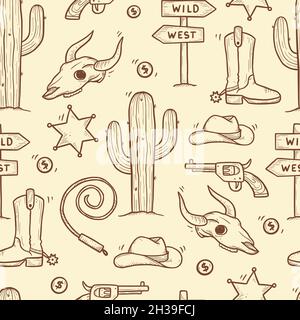 Cowboy western doodle seamless pattern. Hand drawn sketch line style. Cowboy shoe, cow skull, gun, cactus element. Wild west vector illustration. Stock Vector