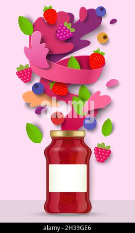 Berry jam package glass jar, paper cut forest fruits, liquid splash, drops. Healthy fruit preserves, vector illustration Stock Vector