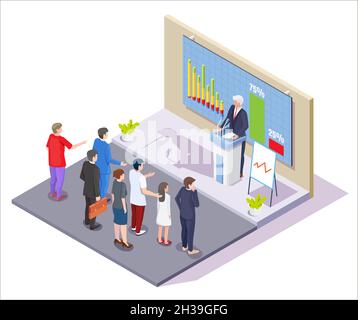 Liar politician with pinocchio nose shadow speaking in front of people, vector isometric illustration. Liar politics. Stock Vector