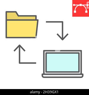 Data share color line icon, database and transfer, laptop with folder vector icon, vector graphics, editable stroke filled outline sign, eps 10. Stock Vector